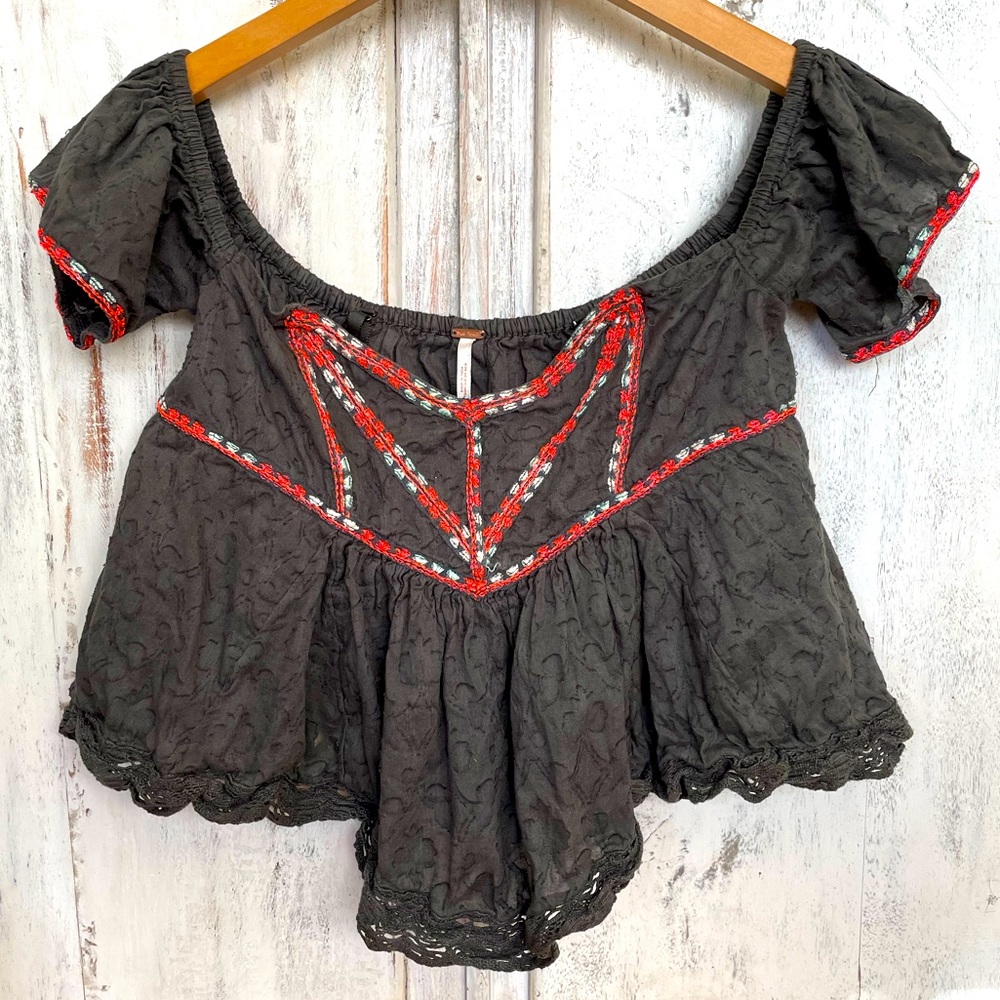 Free People blouse, XS, Boho/bohemian, shabby chic, crop top fit, navy gray